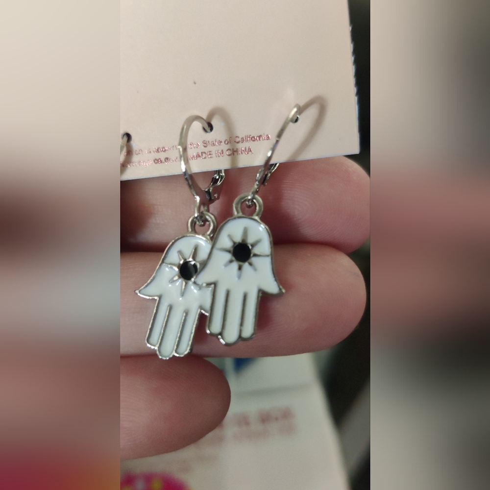 Enamel white hand chakra drop earrings